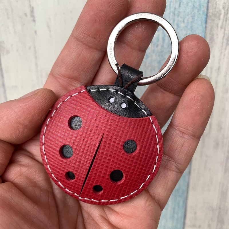 Healing small things red cute ladybug hand-stitched leather key ring small size - Keychains - Genuine Leather Red