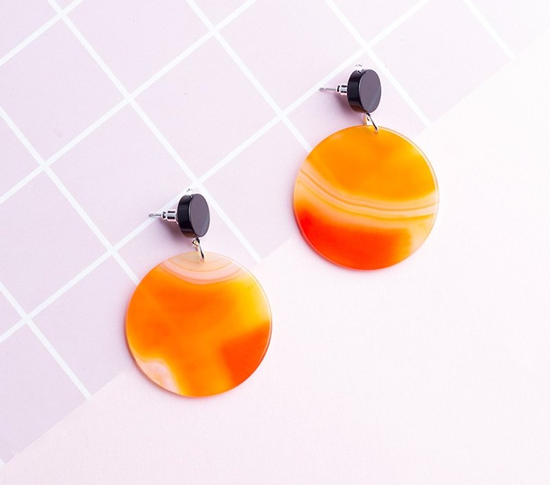 天然瑪瑙純銀製のスタッドのイヤリングオリジナルデザインのブラックオニキスのイヤリングサークル耳のクリップアート - ピアス・イヤリング - 紙 オレンジ