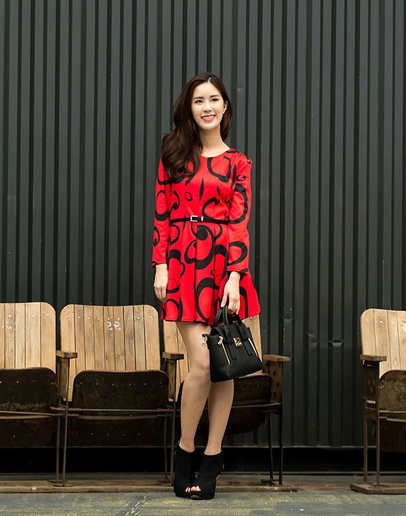 Long-sleeved print dress Peng Yuanqun - One Piece Dresses - Other Materials Red