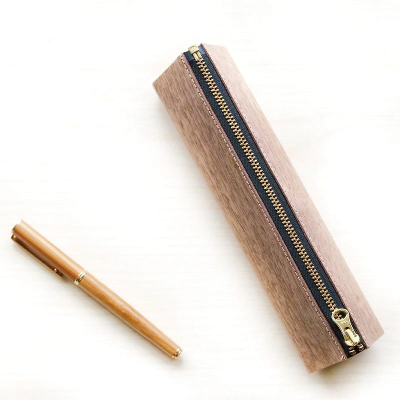 Wooden leather pen case - กล่องดินสอ/ถุงดินสอ - ไม้ สีกากี