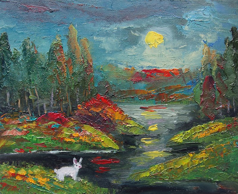 White rabbit at night, black lake deep in the forest under the moon oil painting - 壁貼/牆壁裝飾 - 其他材質 黑色