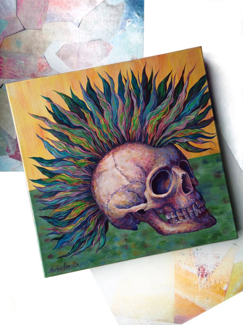 Skull picture. Painting skull. Skull drawing. Skull punk painting. Punk picture. - Posters - Other Materials Green