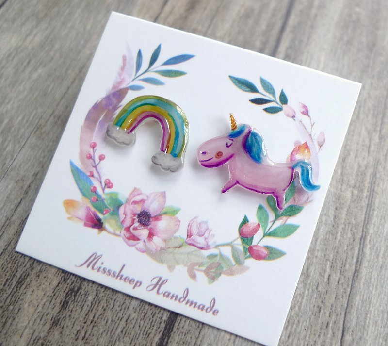 Misssheep- [U25- Unicorn on Rainbow] Watercolor hand-painted fairy wind asymmetric hand-made earrings (ear acupuncture / transparent ear clip) [a pair of] - Earrings & Clip-ons - Plastic 