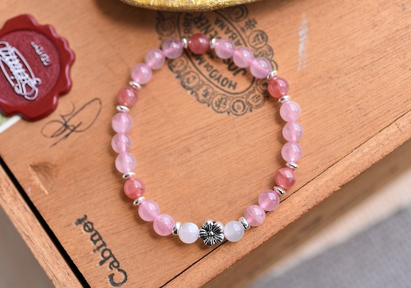 Falkland Rose Quartz + White Moonstone + Rhodochrosite Sterling Silver Flower Bracelet - Bracelets - Crystal Pink