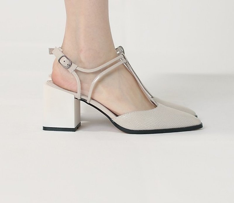 T-shaped leather stitching gauze square with pointed shoes beige white with - รองเท้ารัดส้น - หนังแท้ ขาว