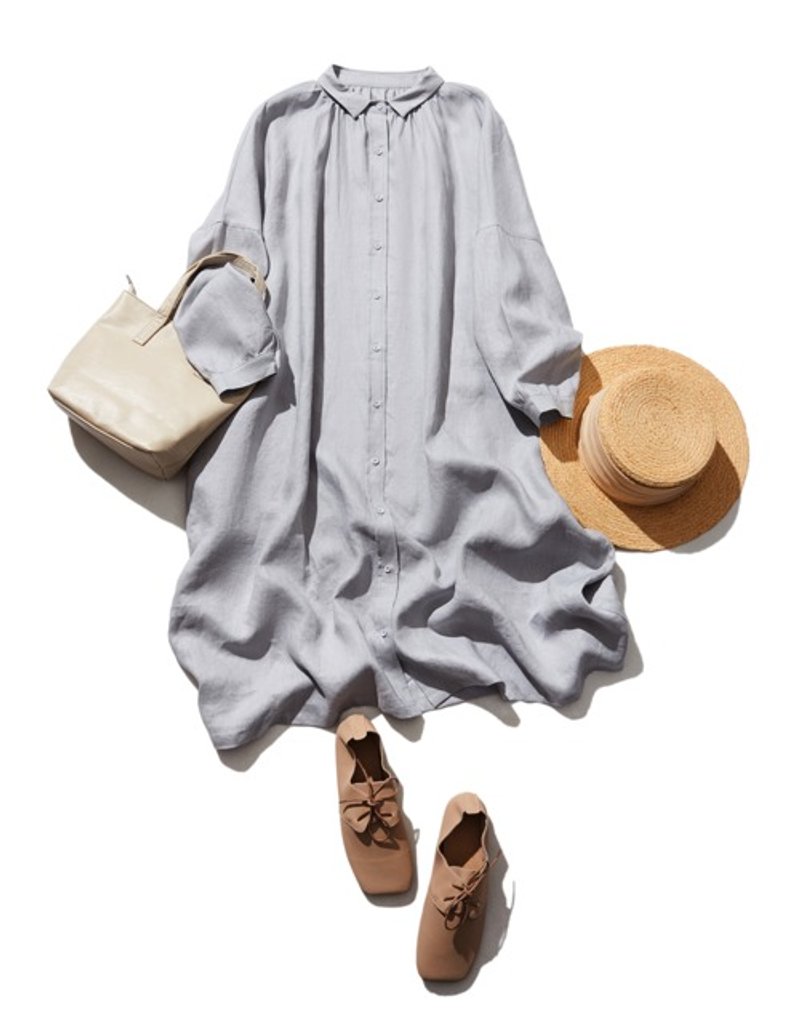 New color for 2022! Linen long shirt dress that expands your fashion options. Light gray 220403-1 - ชุดเดรส - วัสดุอื่นๆ 