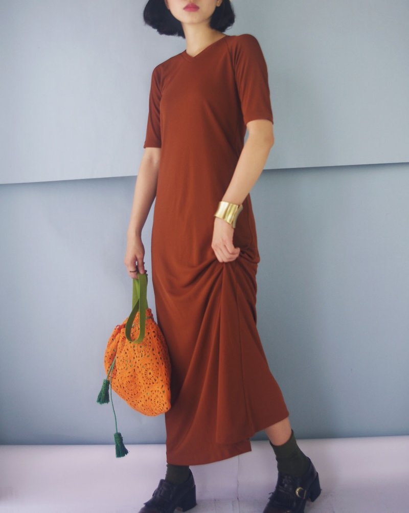 尋寶古著-復古磚紅針織極簡洋裝 - 洋裝/連身裙 - 聚酯纖維 橘色