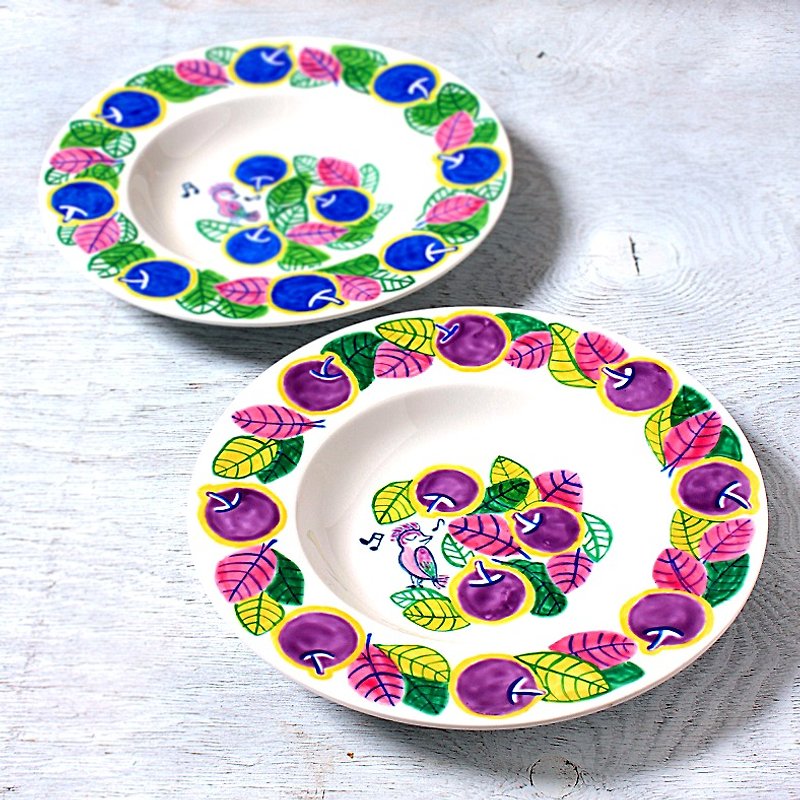 Apple, leaf and singing bird, purple pasta plate - Small Plates & Saucers - Porcelain Purple