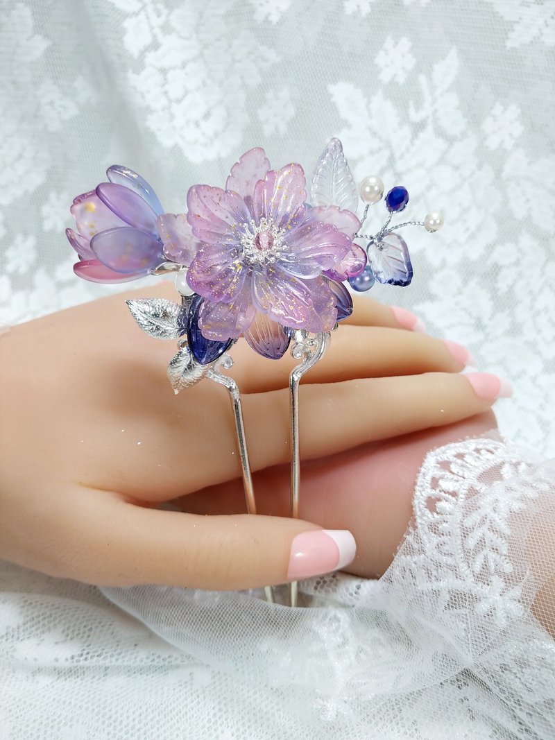 Ancient style colored glaze series [blue purple flower] hairpin - เครื่องประดับผม - กระจกลาย 