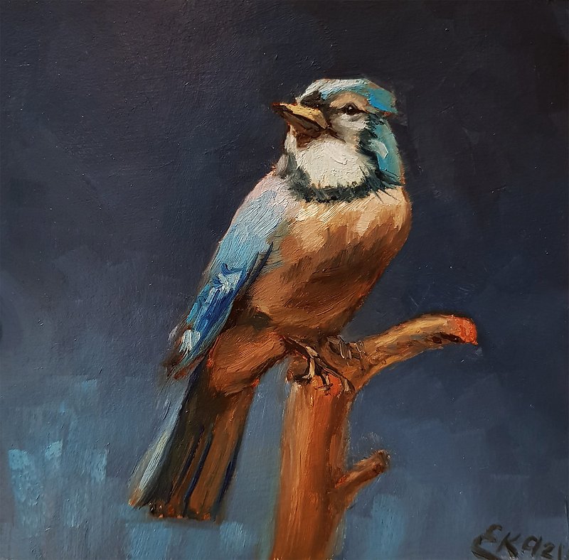 Blue Jay Painting Bird Art Animal Oil Original Painting Woodland Animal Artwork - 牆貼/牆身裝飾 - 其他材質 藍色