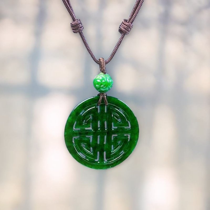 辣綠老花青翡翠圓牌吊飾 | 天然緬甸玉翡翠A貨 | 送禮 - 項鍊 - 玉石 綠色