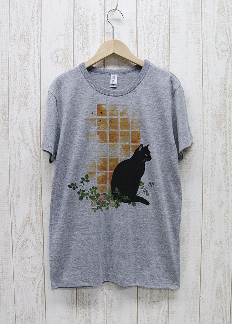 Standing Black Cat Window SUNSET Heather Gray / R030-TT-GR - เสื้อฮู้ด - ผ้าฝ้าย/ผ้าลินิน สีเทา