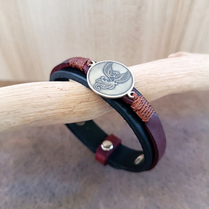 手工鳳凰皮革手環 重生勝利戰士贈禮 - 手鍊/手環 - 真皮 黑色