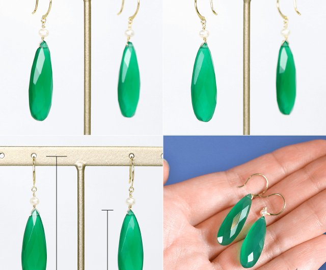 K18 Fresh green green onyx (long pair shape) and pearl hook