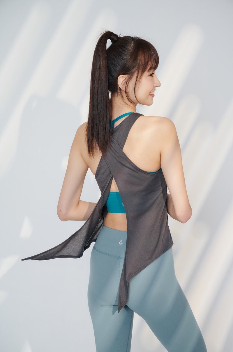 【Yoga Flow】Back Twine Shirt-Dark Grey - ชุดโยคะ - เส้นใยสังเคราะห์ 