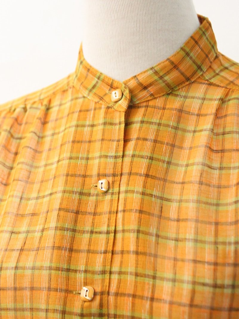 Retro Japanese Made Orange Check Plaid Short Sleeve Vintage Shirt Vintage Blouse - Women's Shirts - Polyester Orange