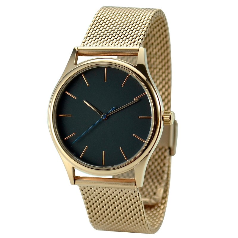 Minimalist Watch with Rose Gold thin stripes Black Face in Mesh Band - Free shipping worldwide - นาฬิกาผู้หญิง - โลหะ สีกากี