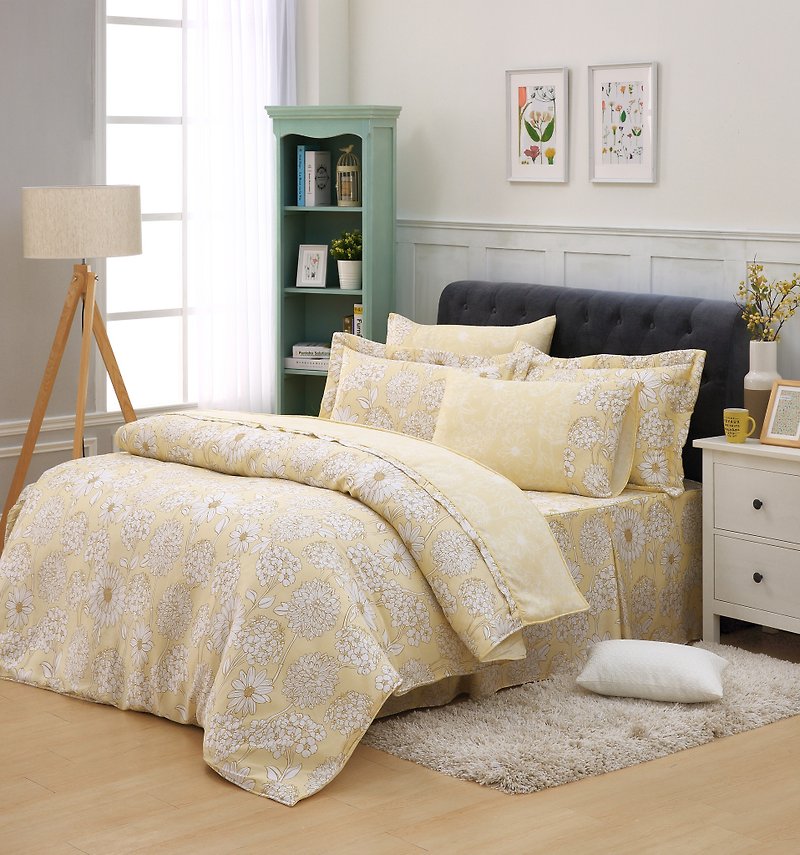 雙人尺寸向日葵之夢-天絲兩用被床罩六件組【100%萊賽爾】帝王摺 - 寢具/床單/被套 - 絲．絹 黃色