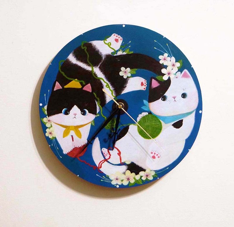 氏Lノーズ純粋な手描きの白黒の猫の時計 - 時計 - 木製 