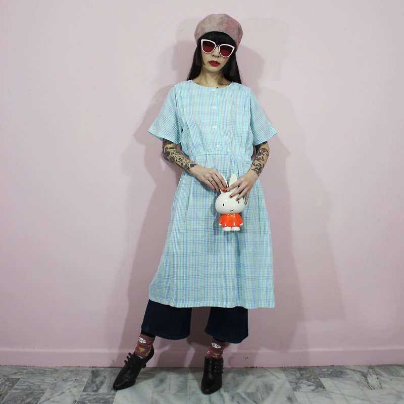 Made in Japan (Vintage Dress) Blue Green Day and Small Plaid Japanese Vintage Dress F3239 - One Piece Dresses - Cotton & Hemp Blue