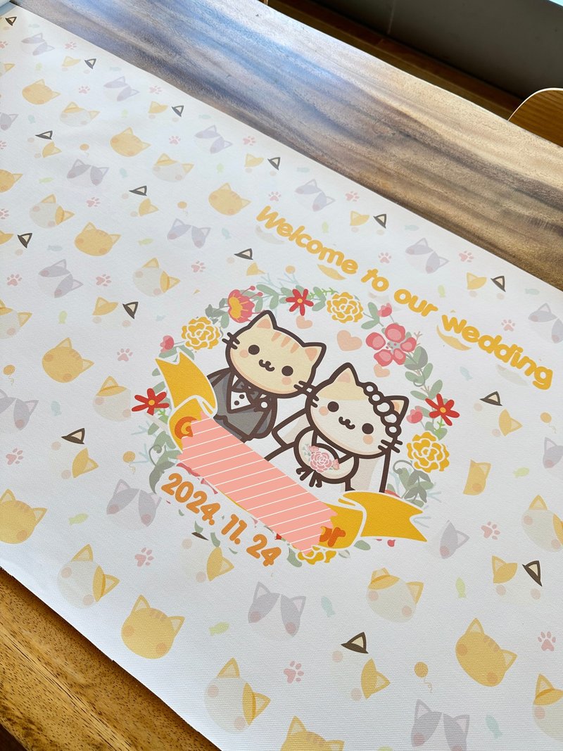 客製化貓系主題婚禮簽名留言畫布 油畫布訂製 - 海報/掛畫/掛布 - 其他人造纖維 白色