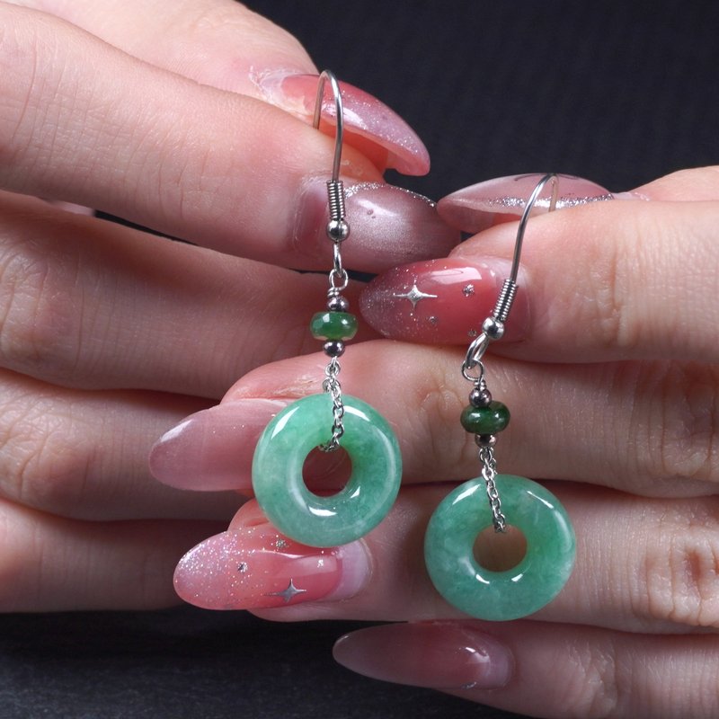 【願‧平安】冰綠翡翠平安扣耳環925銀 |天然緬甸玉A貨翡翠 |送禮 - 耳環/耳夾/耳骨夾 - 玉石 綠色