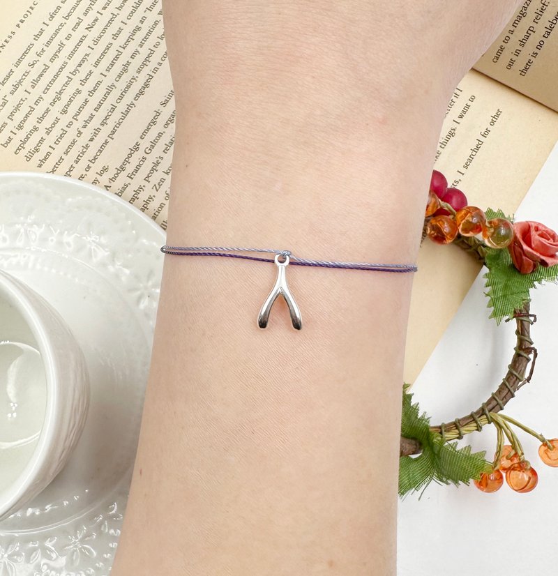 Sterling silver wishbone wishbone small fork dinosaur bird sky blue double line red line bracelet - สร้อยข้อมือ - เงินแท้ สีน้ำเงิน