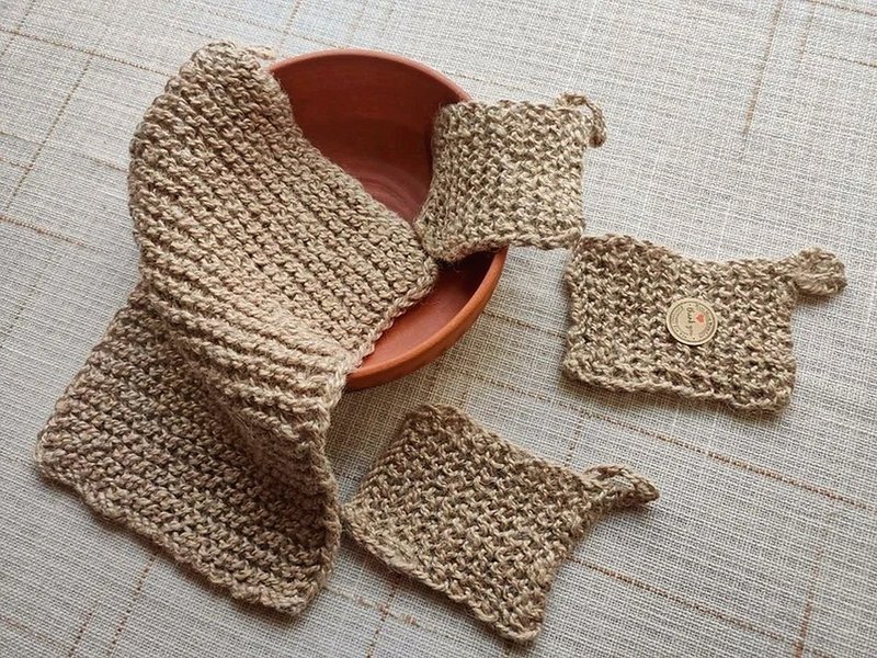 ผ้าฝ้าย/ผ้าลินิน ผลิตภัณฑ์ล้างจ้าน สีกากี - Dish Scrubbies Crochet jute hemp dish scrubby dishcloth Eco-friendly Vegan gift