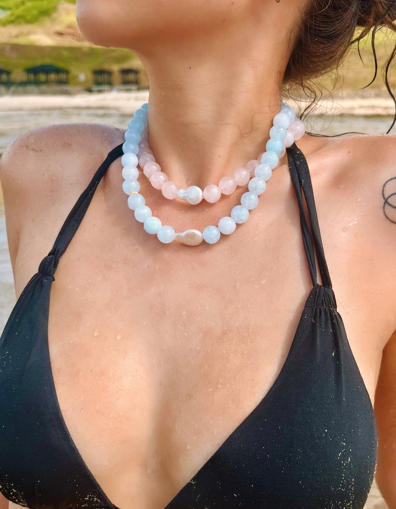 Aquamarine & Natural Baroque Pearl Necklace | 18K Gold-Plating Gifts - Necklaces - Crystal Blue