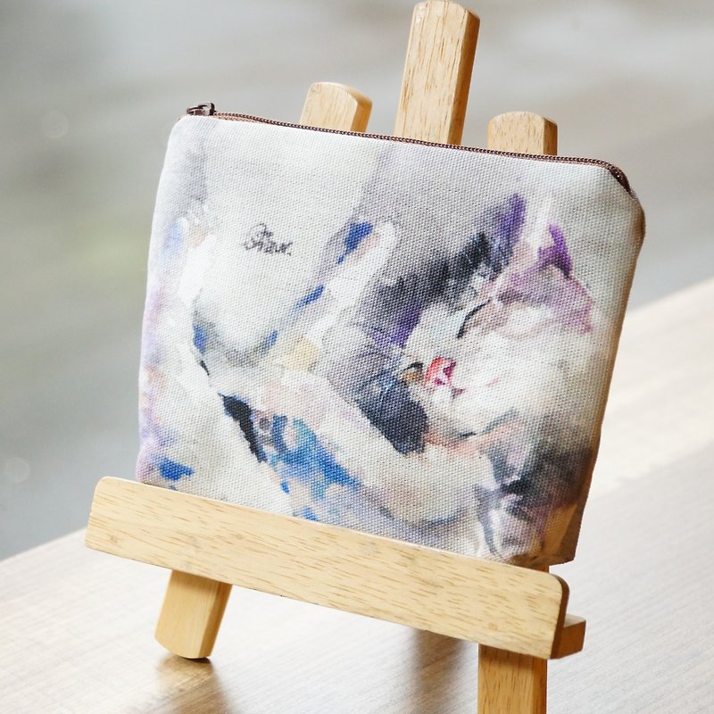 Watercolor Illustration Wind Change / Cosmetic Bag <Cat Lazy> - Coin Purses - Other Materials Gray