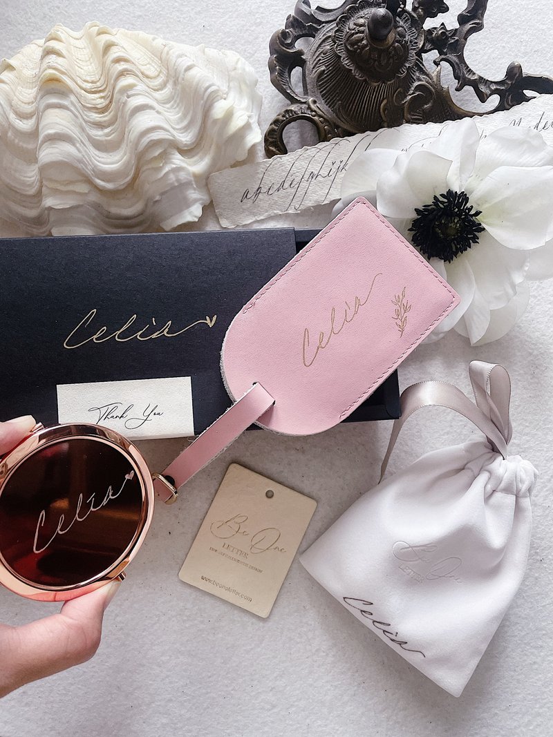 Personalised Luggage Tags + ROSE GOLD MIRROR CASE CALLIGRAPHY ENGRAVE - Makeup Brushes - Rose Gold Gold