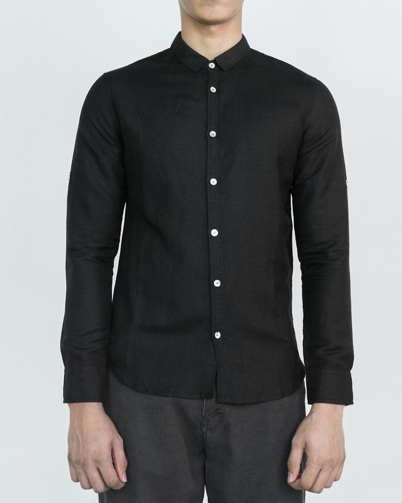 Convertible Collar Linen Shirt - เสื้อเชิ้ตผู้ชาย - ผ้าฝ้าย/ผ้าลินิน สีดำ