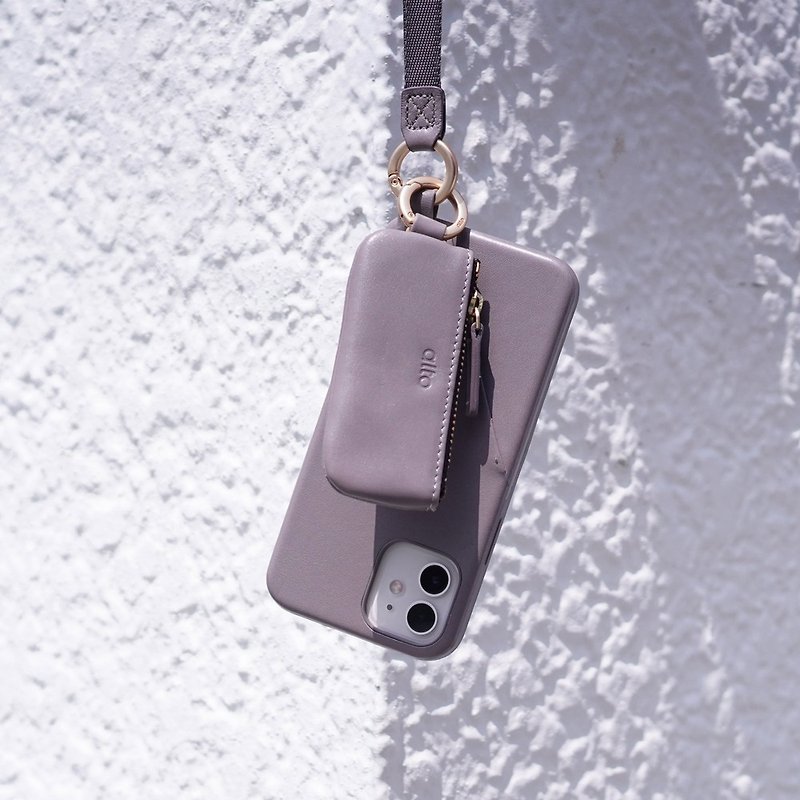 【客製化禮物】iPhone 12/Pro 插卡皮革手機殼及鑰匙環零錢包-灰 - 手機殼/手機套 - 真皮 灰色