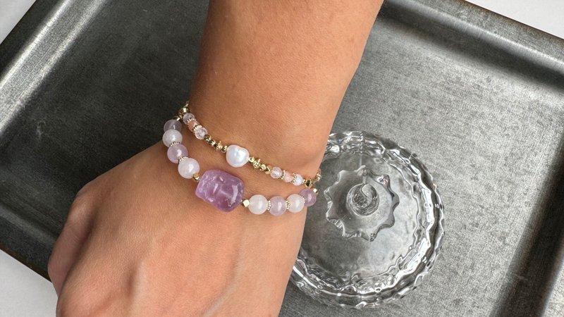 Amethyst Pixiu-Double Circle Elastic Bracelet - สร้อยข้อมือ - คริสตัล สีม่วง