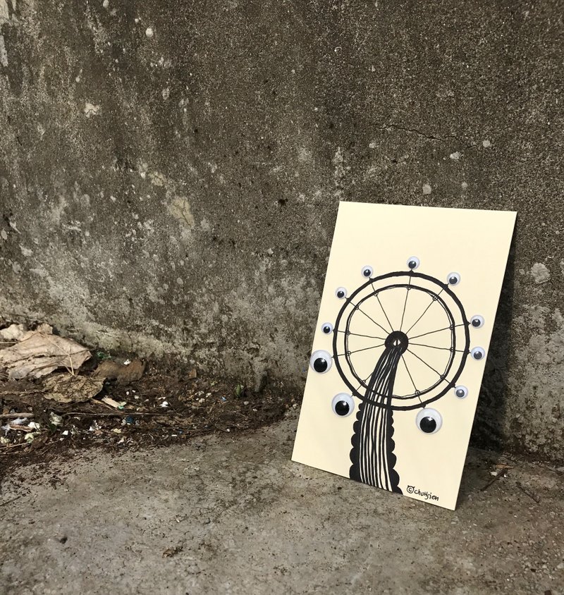 手工明信片\台灣眼摩天輪 手繪 插畫 眼睛 獵奇風格 再利用 環保 - 卡片/明信片 - 紙 白色