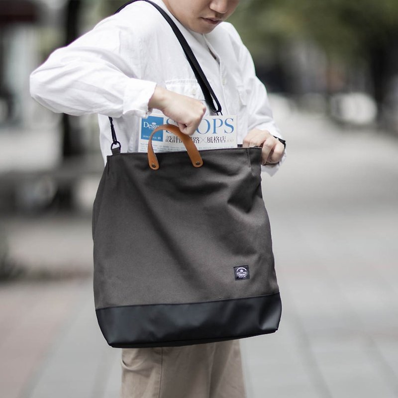 Simple XL Leather Canvas Shopping Bag/Side Bag/Large Capacity/Detachable Strap - กระเป๋าแมสเซนเจอร์ - ผ้าฝ้าย/ผ้าลินิน สีเทา