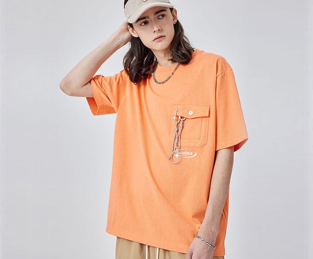 オレンジ コットン Tシャツ Lサイズ ロゴ入り こねこフィルム/CFロゴTシャツ (グレー生地×オレンジ色ロゴ