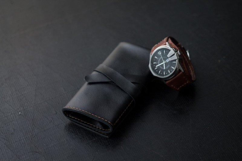 Leather Watch Roll for 2-5 watches, Leather watch pouch, watch case, watch box - กล่องเก็บของ - หนังแท้ สีดำ