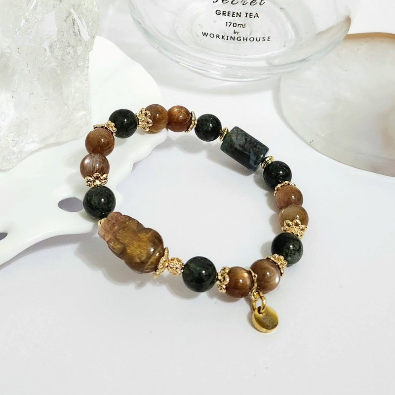 金骨幹貔貅設計手鍊/高度聚財、助事業運之搭配水晶 - 手鍊/手環 - 水晶 金色