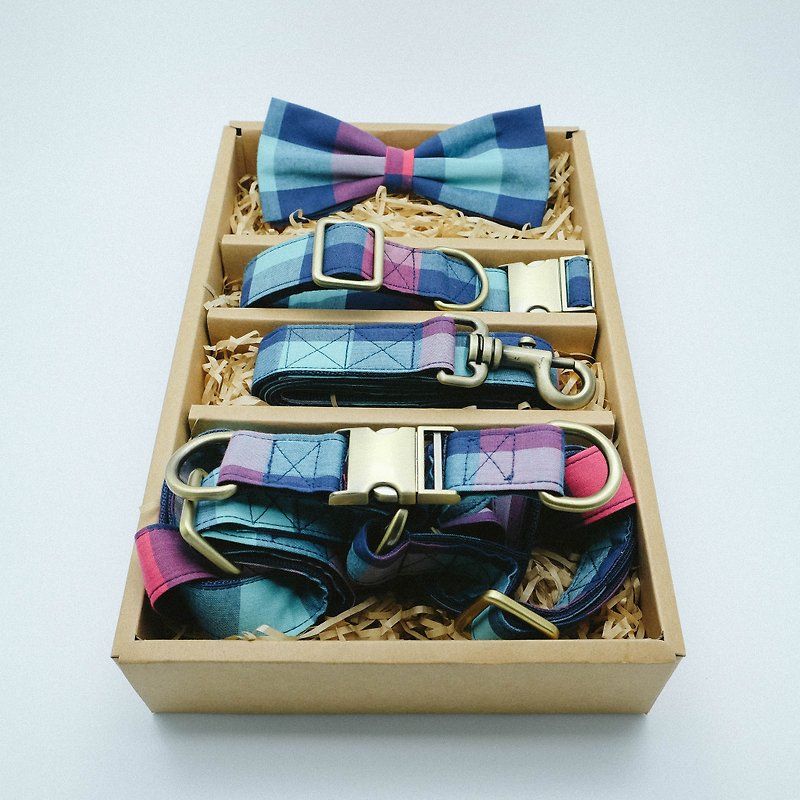 Bowtie Collar Plaid with Leash and Harness - 貓狗頸圈/牽繩 - 其他材質 多色