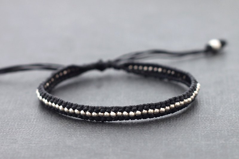 男子中性黑色串珠手鍊可調節手鍊編織簡單基本 - 手鍊/手鐲 - 棉．麻 黑色