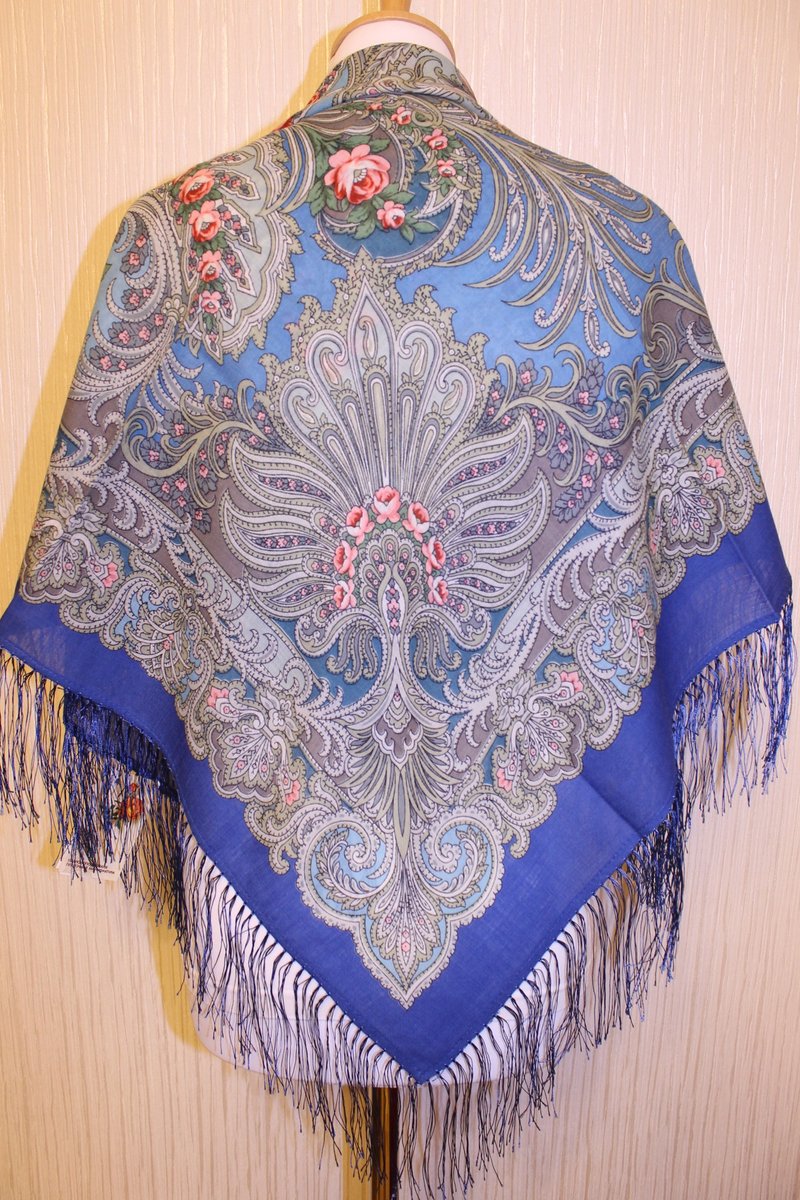 Authentic Pavlovo Posad Russian Shawl Scarf Soft 100% Wool 89x89 cm 681-13 - 絲巾 - 羊毛 藍色