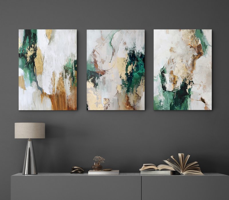 Green and Gold Painting | Triptych Wall Art, Abstract | Green Flow Set of 3 - 壁貼/牆壁裝飾 - 棉．麻 綠色