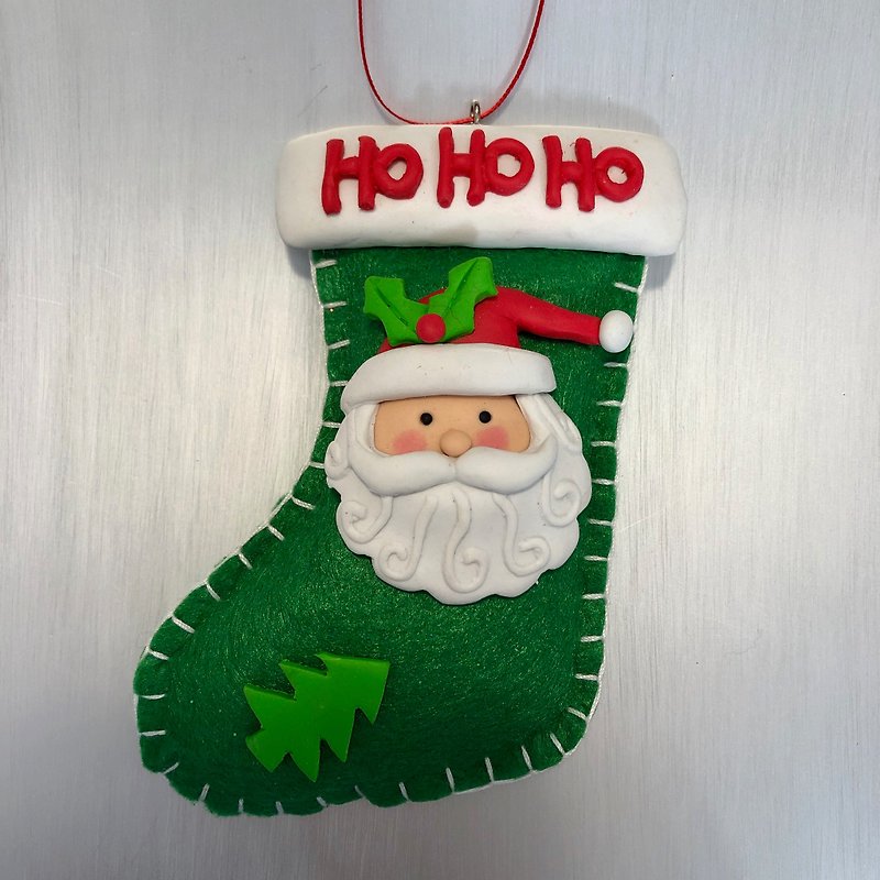 Christmas Stocking Santa Claus Charm HO HO HO - ของวางตกแต่ง - ผ้าฝ้าย/ผ้าลินิน สีเขียว