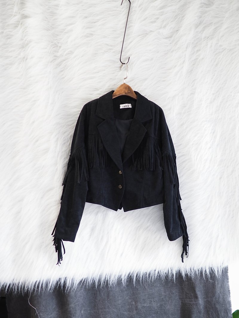 Aichi pure black character love youth log antique suede tassel knight jacket jacket vintage - Women's Casual & Functional Jackets - Polyester 