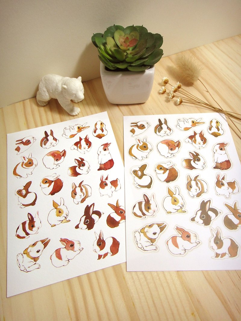 棕色系兔子貼紙+明信片組 - 卡片/明信片 - 紙 多色