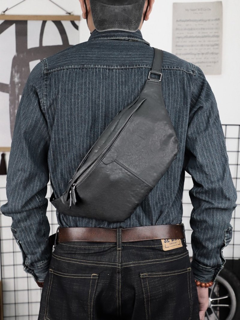 Genuine Leather Chest Shoulder Bag for Men Casual Crossbody Handbag - กระเป๋าแมสเซนเจอร์ - หนังแท้ สีดำ