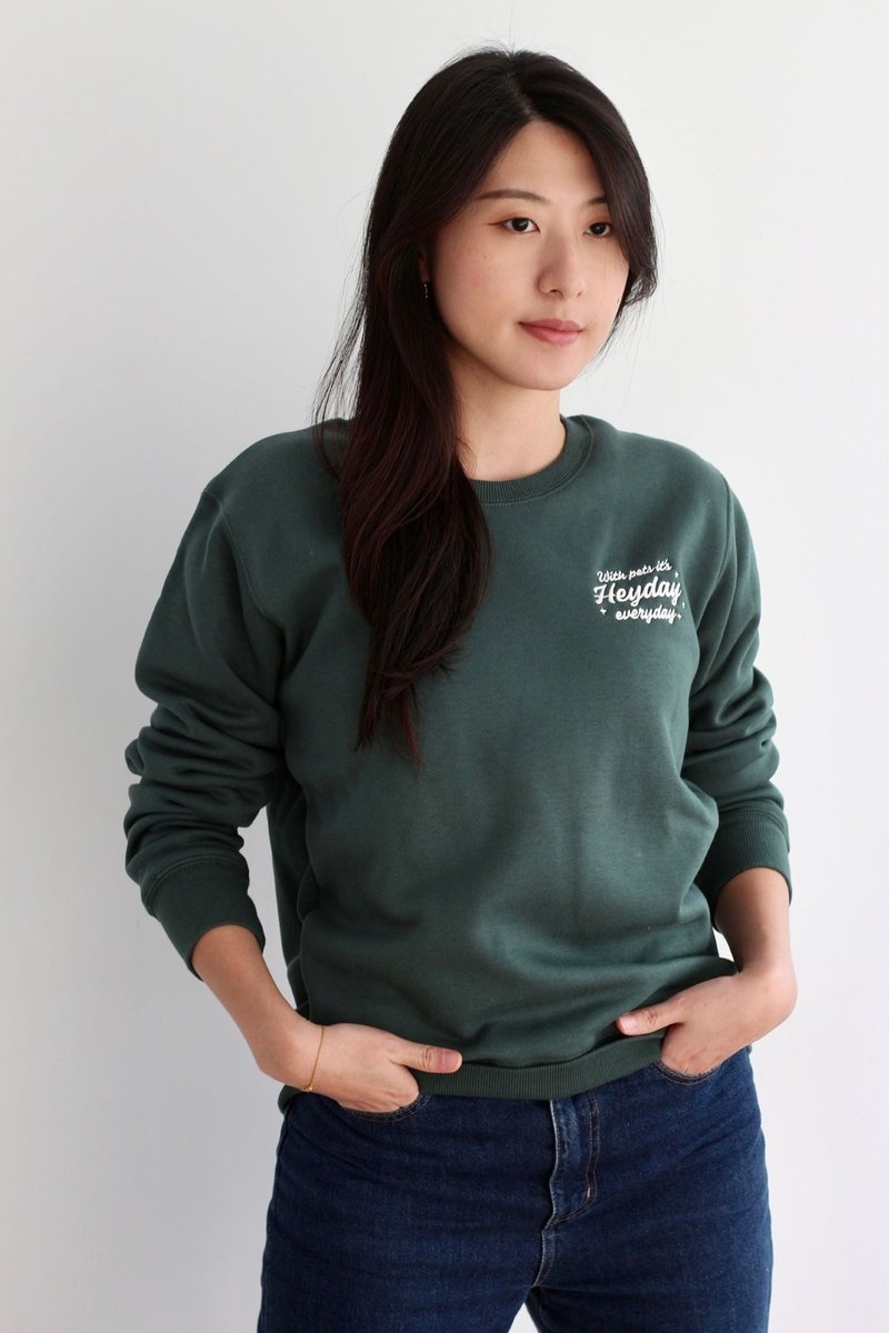 TEAM HEYDAY human pet parent-child clothing series human version long-sleeved ivy green and white embroidery - เสื้อฮู้ด - ผ้าฝ้าย/ผ้าลินิน สีเขียว