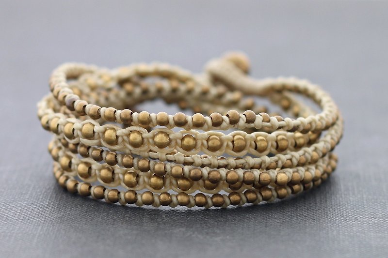 Ivory Stud Wrap Bracelets Brass Beaded Woven Strong Rocker Attitude Short Necklaces - สร้อยข้อมือ - ผ้าฝ้าย/ผ้าลินิน สีกากี