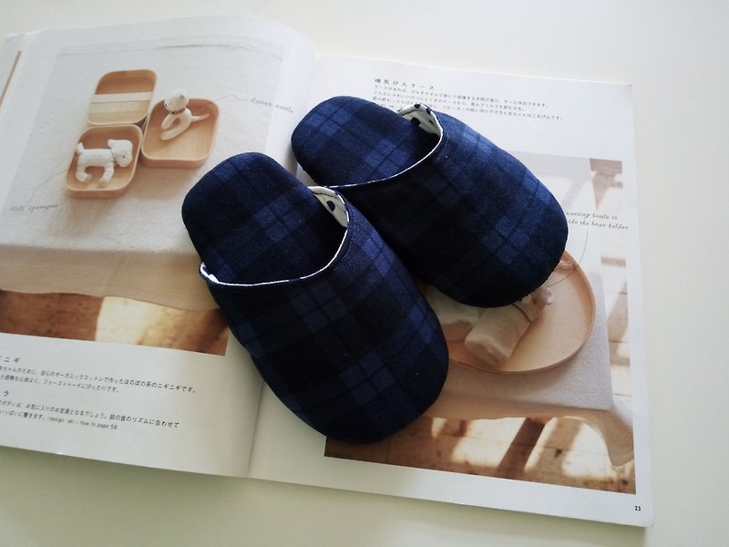 藍格小童室內拖鞋材料包  (布片剪裁完成並已貼好棉襯,只需縫製) 16-19 - 男/女童鞋 - 棉．麻 藍色
